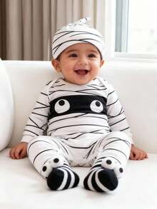 SHEIN Playful Pals 两件套男婴僵尸木乃伊万圣节服装套装，圆领长袖连体衣配帽子，婴儿连体衣，派对服装，3-24个月男婴万圣节服装，男婴万圣节服装，恐怖婴儿服装，新生儿万圣节服装，婴儿万圣节服装，木乃伊婴儿服装，婴儿万圣节服装，婴儿木乃伊服装，秋冬季 - 白色 - 查看 7