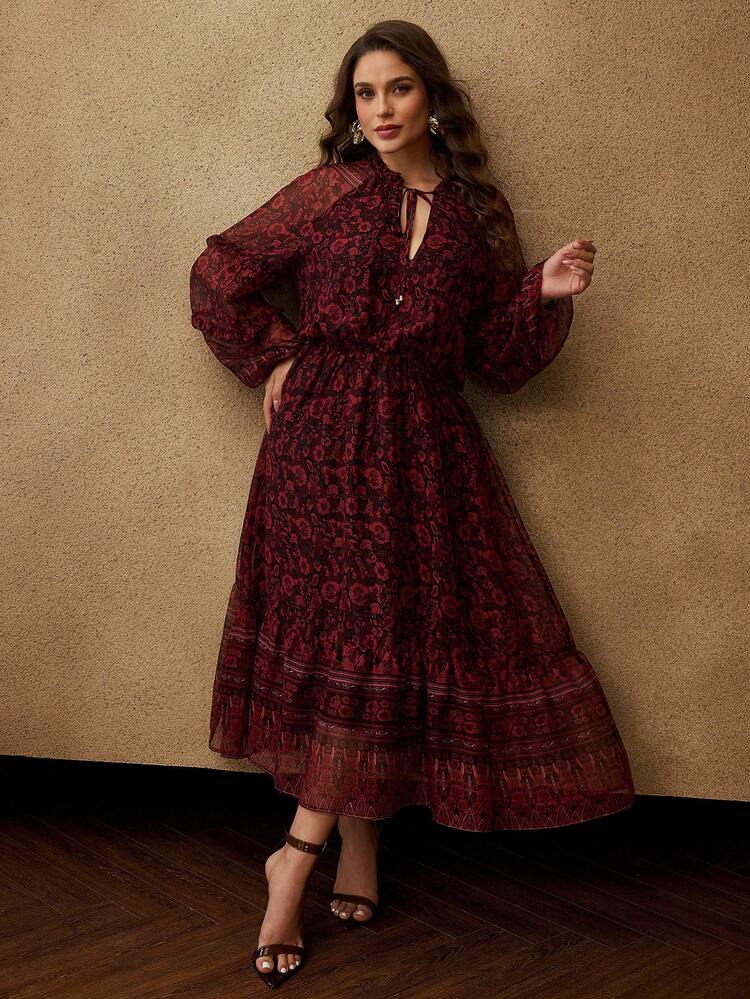 PLUS BOHEMIAN PRINT LONG SLEEVE RUFFLE HEM ROMANTIC DRESS