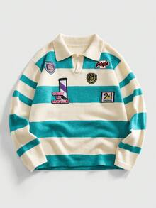 ROMWE MEN Prep 男士翻领学院风刺绣针织毛衣，时尚街头风，冬季款 - 綠色 - 查看 1