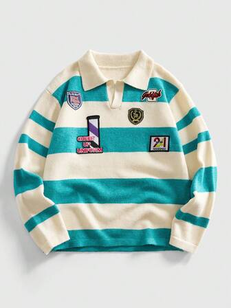 Street Life Maglione lavorato a maglia con colletto alla coreana, grafica ricamata, abbigliamento casual di stile