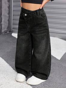 SHEIN Young Girl Y2K Vintage Blue Denim Thermal Lined Asymmetrical Waist Loose Pants, Autumn/Winter,Cool/Thanksgiving - Black - View 5
