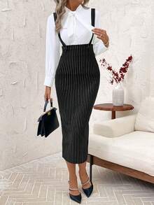 SHEIN Clasi Chân váy bút chì xẻ tà sau thời trang nữ đa năng (có dây đeo vai), thích hợp mặc đi làm và đi chơi, mùa thu/đông - màu đen - Xem 3