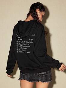 ROMWE Avant Fashionable Slogan Loose Fit Sweatshirt - Black - View 3