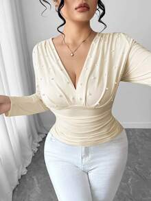 Elenzga 大码女式优雅修身长袖V领珍珠缀饰T恤上衣 - 杏色 - 查看 4