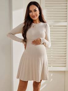 SHEIN Pregnant Women's Casual Solid Color Waist Cinched Sweater Dress, Suitable For Daily Commute, Autumn/Winter - Camel - View 6