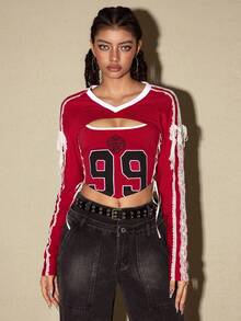 ROMWE Avant Áo thun ôm dáng phong cách thể thao nữ gợi cảm, ren ba lê, thêu số, họa tiết chắp vá, thích hợp cho nữ trở lại trường học - Đỏ - Xem 6