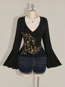 SHEIN ICON 大码女式复古长袖翻领喇叭袖上衣，舒适时尚，适合居家、旅行、秋冬穿着 - 黑色 - 查看 3