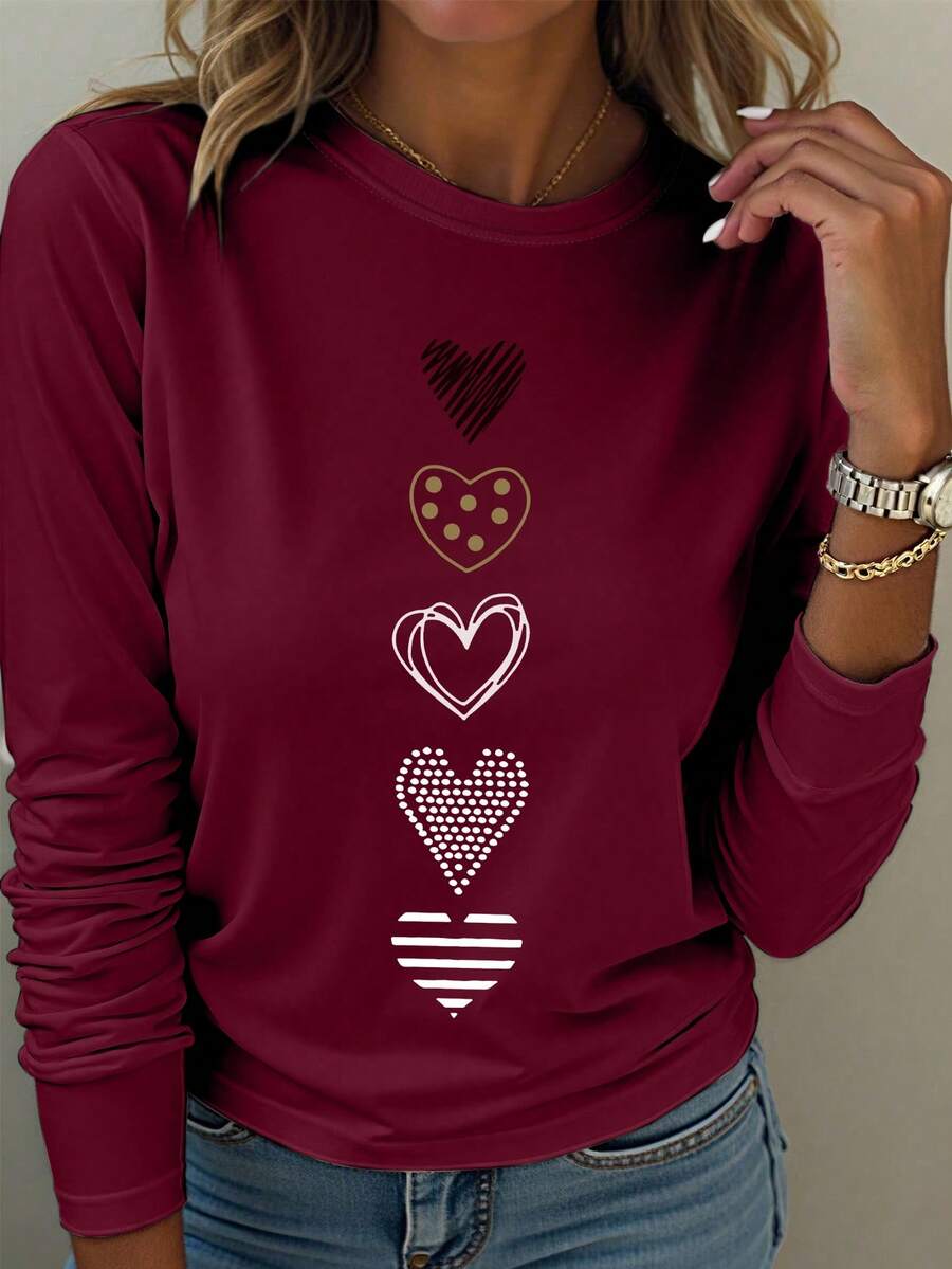 EMERY ROSE Camiseta de manga larga con estampado de corazón para mujer de talla grande, camisetas gráficas de otoño para mujer, tops para primavera y otoño - Burdeos - Ver 1