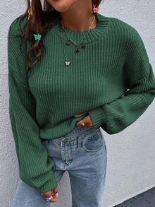 SHEIN LUNE Suéter de cuello redondo de unicolor, versátil y de manga larga - Verde - Ver 5