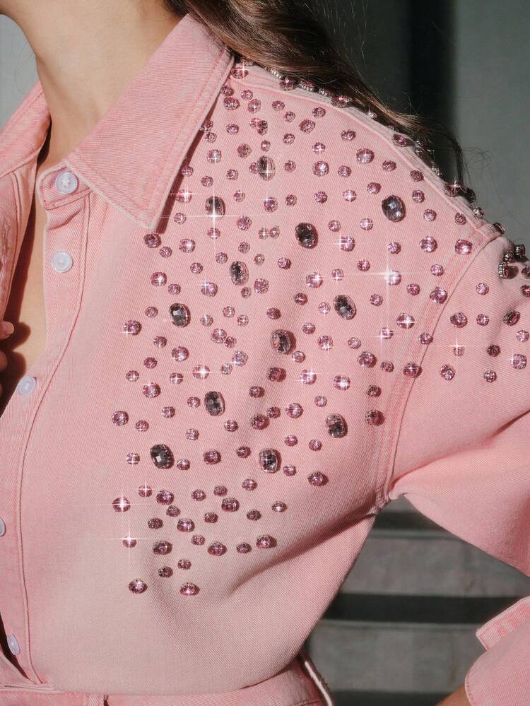 New Fashionable Women's Heavily Embellished Rhinestone Denim Shirt, Suitable For Valentine's Day Party, Pink