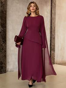 Roveilla Plus Size Women's Elegant Middle Eastern Style Vintage French Chic Dress, Featuring Layered Skirt, Adjustable Cinched Waist, Flared Sleeves, And Shoulder Capes, Suitable For Parties, Autumn/Winter Elegant Pleated Dress Flowy Maroon Dress Wine Dress Long Sleeve Elegant Dress Maroon Long Sleeve Elegant Dress Winery Dresses For Women Lantern Sleeve Dress Party Elegant Long Dress - Maroon - View 2
