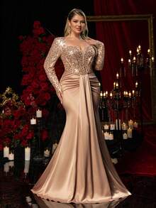 Glamrae Plus-Size Rose Gold Winter Elegant Formal Evening Prom Dress,Coffee-Brown Sequined Sweetheart Neckline Ruching Fishtail Hem Train Heavy-Work Gown - Coffee Brown - View 6