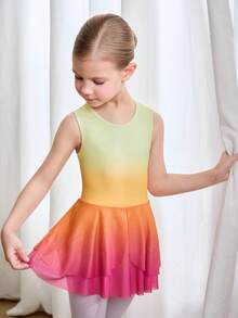 小女孩渐变色无袖芭蕾紧身衣，露背芭蕾薄纱裙，四向弹力高弹力儿童舞蹈紧身衣 - 彩色 - 查看 1