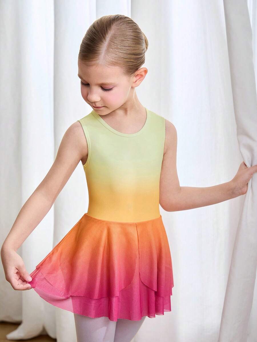 小女孩渐变色无袖芭蕾紧身衣，露背芭蕾薄纱裙，四向弹力高弹力儿童舞蹈紧身衣 - 彩色 - 查看 1