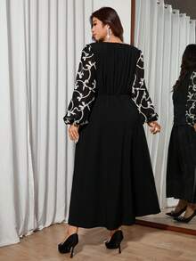 Modelyn 加大码刺绣长袖梭织黑色拼布优雅时尚连衣裙 - 黑色 - 查看 2