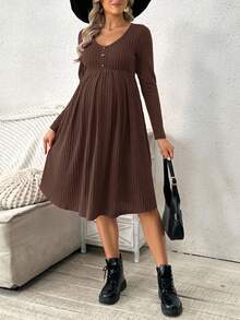 SHEIN Maternity Solid Ribbed Collar Button Front Long Sleeve Dress, Spring/Autumn - Coffee Brown - View 5