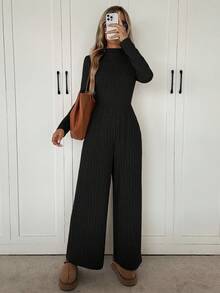 Easowa 高领斜口袋修身腰长袖阔腿连体裤，罗纹纹理面料，休闲优雅办公室装，女士秋冬装 - 黑色 - 查看 4