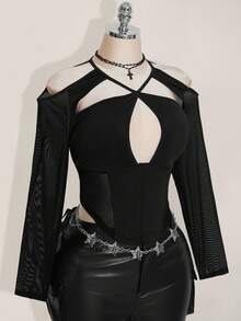 SHEIN ICON Plus Size Fashionable Sexy Long Sleeve Mesh Panel Cut-Out Shoulder Crop Top Spring Summer Concert Easter - Black - View 7