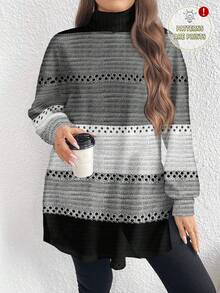 EMERY ROSE 大码休闲简约拼色高领长款T恤，春秋季 - 彩色 - 查看 1