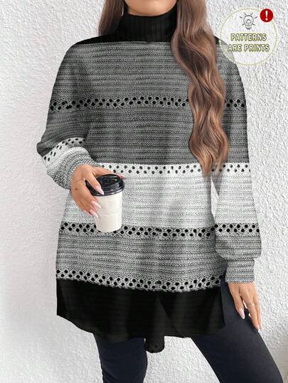 EMERY ROSE Plus Size Casual Minimalist Color Block High Neck Long T-Shirt, Spring/Autumn