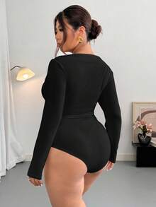 Firerie 大码女式优雅简约时尚性感紧身衣，适合通勤、音乐节、度假，不对称领口，垂坠，弹力长袖，秋冬 - 黑色 - 查看 2