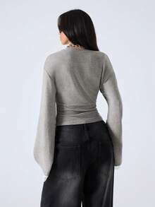 LYSMO 女士圆领落肩长袖撞色蕾丝时尚T恤 - 淺灰色 - 查看 2