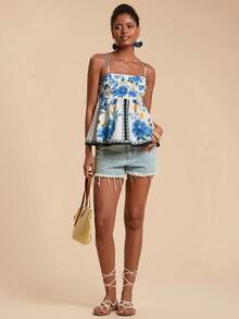 Travachic Áo hai dây nữ in hoa, viền bèo nhún, thời trang cho kỳ nghỉ, áo hoa xanh trắng, thích hợp cho Giáng sinh, Năm mới, Lễ Tạ ơn, áo thanh lịch sang trọng cho tiệc tùng, từ xuân hè, ngày Valentine. - Xanh và trắng - Xem 3