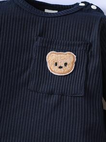 SHEIN Newborn Baby Boy Basic Outfit, Textured Fabric Bear Pattern Top With Pocket Design - Royal Blue - View 4