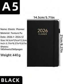 SHEIN 1 New 2026 A5-Size Thickened English Planner, 180 Sheets (360 Pages) Thick Annual Calendar Book, 365-Day Daily Planning Agenda Book, A5 Elastic Band Notebook For Daily Life, Office Scenarios And School Use