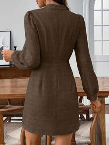 EMERY ROSE 女士中式立领灯笼袖束腰优雅短款连衣裙 - 棕色 - 查看 2