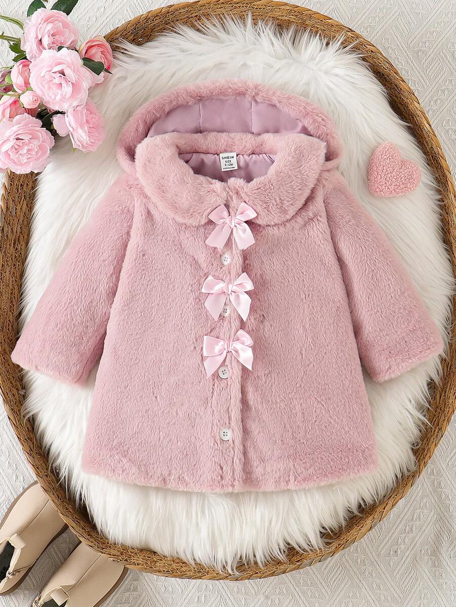 SHEIN Abrigo con capucha rosa para bebé/niña pequeña, diseño de cuello con solapa de manga larga, dulce y versátil, adecuado para salidas diarias