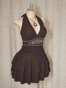 SHEIN ICON 大码女式针织纹理面料刺绣吊带连衣裙，棕色 - 棕色 - 查看 7