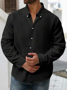 Manfinity Homme Plus Size Men's Solid Color Casual Long Sleeve Shirt - Black - View 4