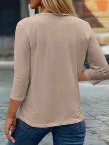 EMERY ROSE Women's Casual Fashion Heart Pattern V-Neck 3/4 Sleeve T-Shirt, Simple Blouse - Khaki - View 2