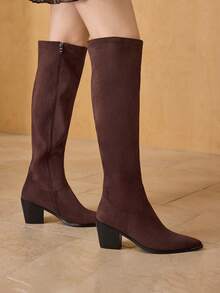 MOTF FASHION CHUNKY HEEL ZIPPER SIDE OVER-THE-KNEE BOOTS - Burgundy - View 1