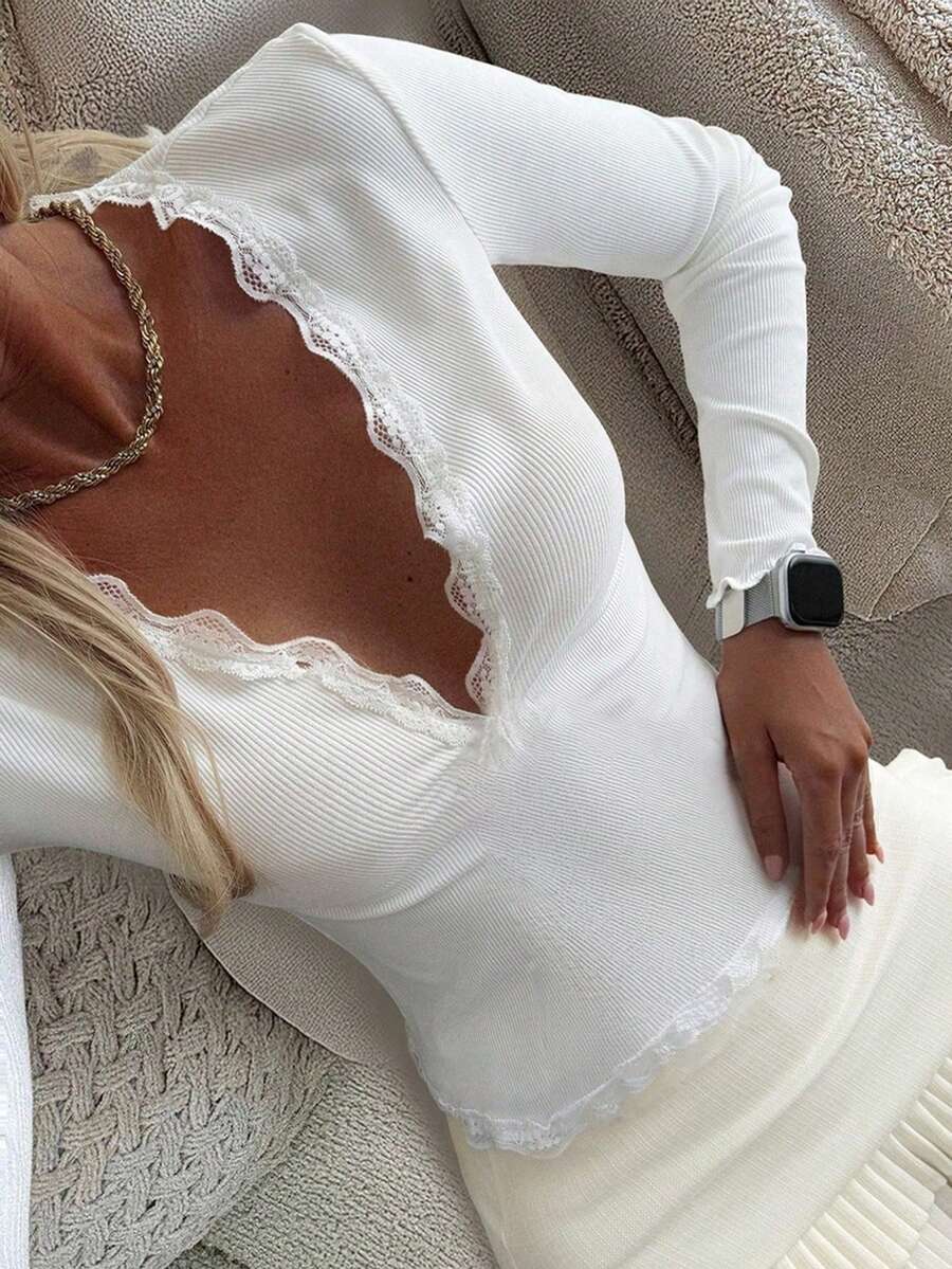 Livesso Women's Lace Frill Trim Fitted Long Sleeve T-Shirt - White - View 1