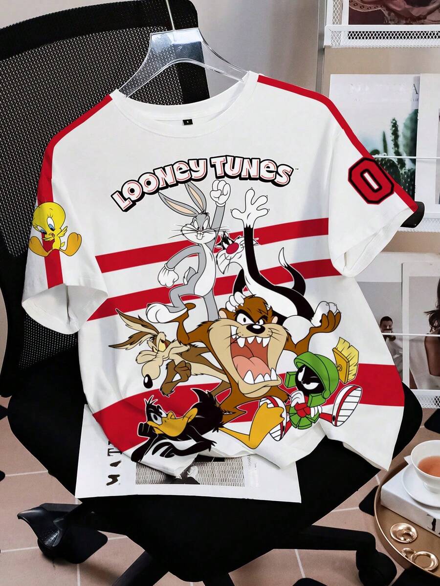 LOONEY TUNES X SHEIN 女式休闲字母和卡通图案圆领短袖T恤，夏季 - 白色 - 查看 1