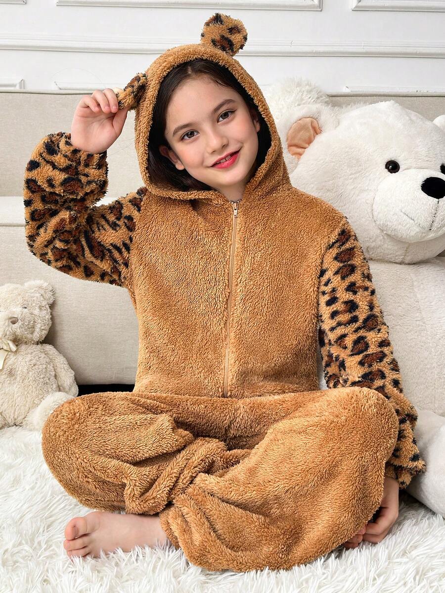 SHEIN 青少年女孩休闲家居服可爱卡通耳朵连帽拉链拼接豹纹毛绒泰迪羊毛连体衣 - 棕色 - 查看 1