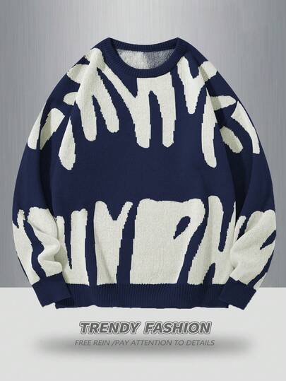 Manfinity EMRG Suéter de punto casual con estampado de letras para hombres de talla grande, suéter gráfico para hombres en otoño/invierno, top de manga larga