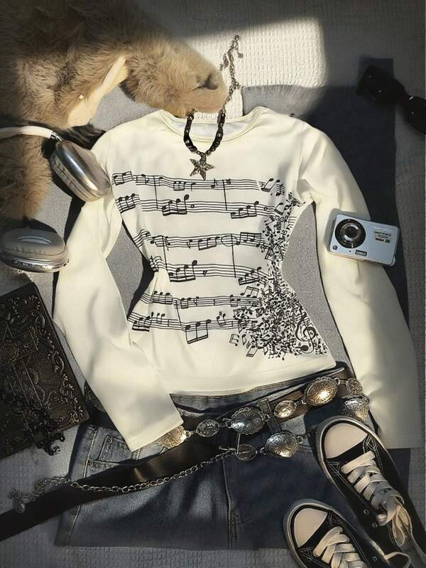 Noixe Damska koszulka w stylu vintage z długim rękawem i okrągłym dekoltem oraz nadrukiem nut, dopasowana, modna, w stylu vintage z 2000 roku, z teksturą, prezent dla siostry, strój na powrót do szkoły, prezent świąteczny