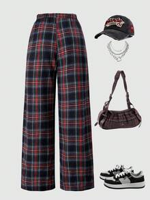 Sparklyn 青少年女孩格子阔腿裤，适合日常通勤、休闲、上学和聚会，秋季 - 彩色 - 查看 2