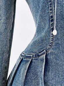 Elamini Vestido de mezclilla casual con cintura ajustada para mujer - Azul - Ver 5