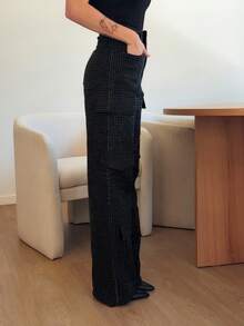 Abrilcols Ropa de mujer para invierno y otoño, pantalones vaqueros rectos casuales de cintura media con múltiples bolsillos decorados con strass negros para mujer. Para uso diario, salidas, conciertos, festivales, fiestas, ropa de club, ropa navideña para mujer - Negro - Ver 3