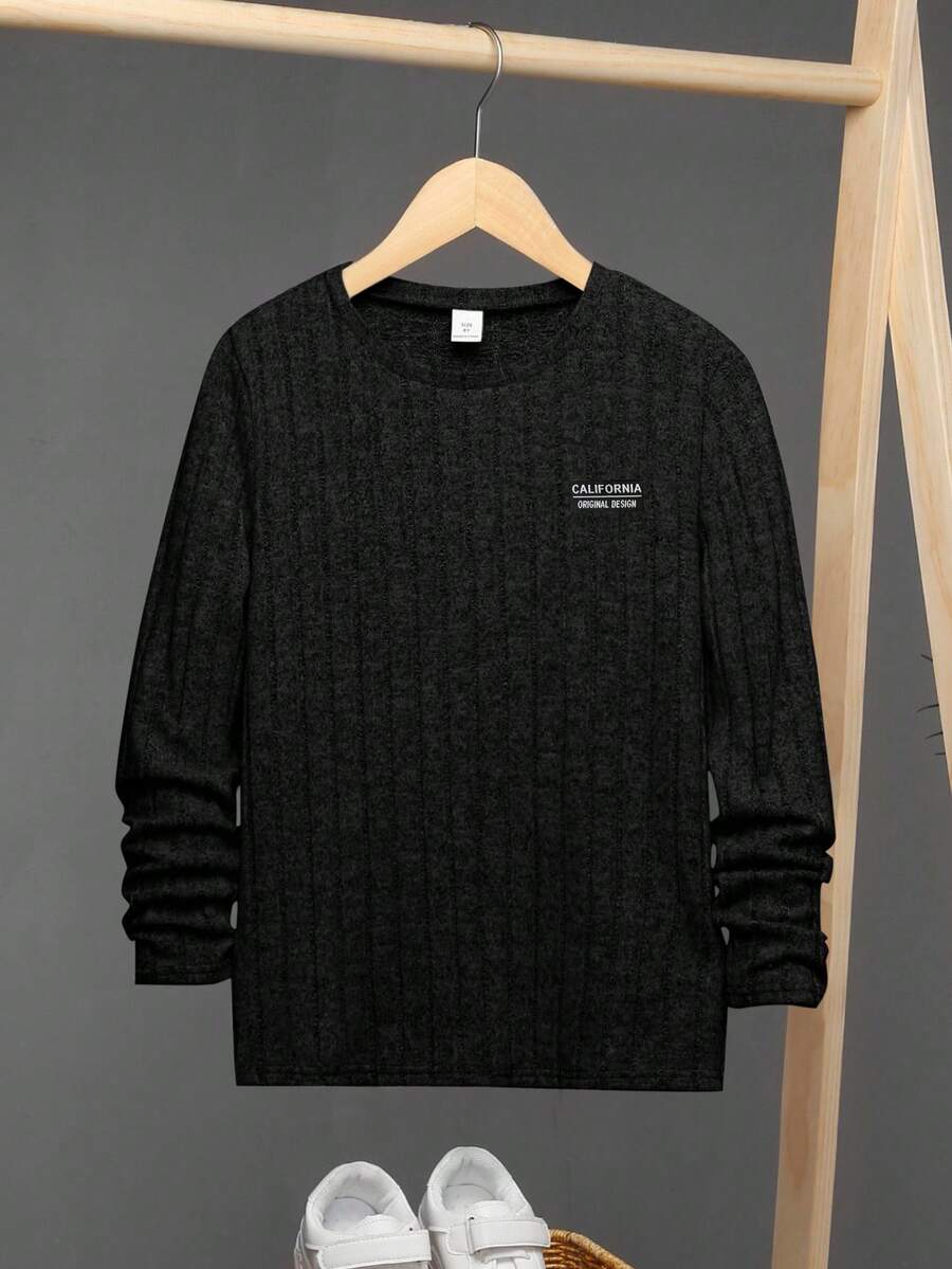 SHEIN Áo thun dệt kim cổ tròn họa tiết miếng vá thường ngày cho bé trai - màu đen - Xem 1