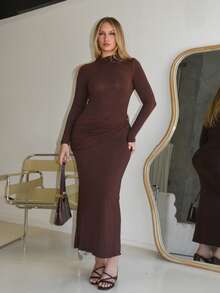 Arliah Elegant Women Long Sleeve Dress With Metal Decoration, Daily Casual / Date / Outing / Nightclub Party / Gathering Outfit - Coffee Brown - View 1