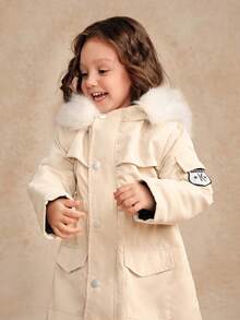 SHEIN Chaqueta con capucha forrada térmicamente de estilo casual para niña, versátil para el invierno - Caqui - Ver 5