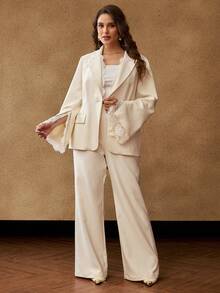 MOTF PREMIUM PLUS SIZE 2 PIECES LACE PATCHWORK SUIT SET, BEIGE FALL - Beige - View 4