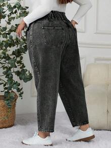 SHEIN CURVE+ Quần jeans túi hộp co giãn cao dành cho nữ cỡ lớn - Màu xám đen - Xem 2