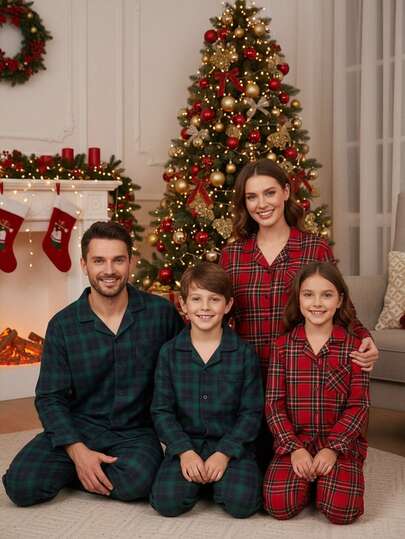 2pcs Boys' Casual Classic Plaid Shirt & Pants Set, Long Sleeve Loungewear Boys Plaid Pajama Set Fall Winter