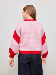 Tween Girl Heart Pattern Lantern Sleeve Sweater - Red - View 2